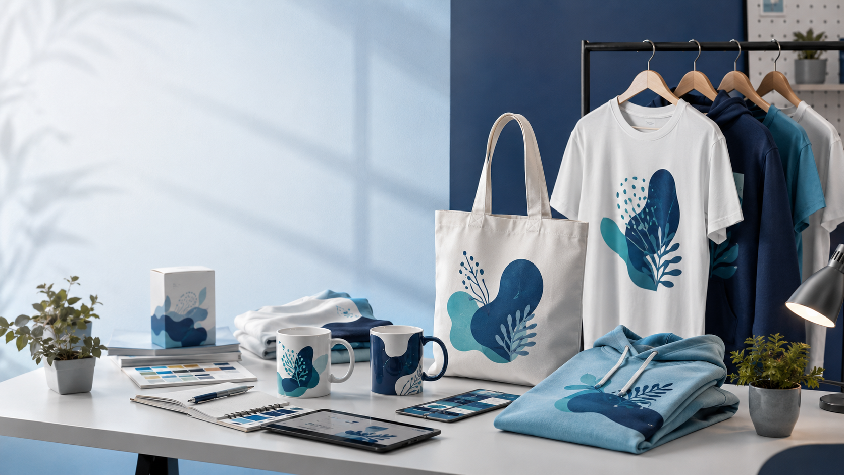 Custom apparel, tote bags, mugs and printed merchandise design set